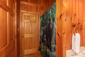 Shower with divider wall and vanity sink