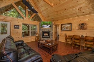 Living room with stone fireplace