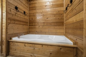 Soak away your worries in this rustic wooden bathtub sanctuary, where warm timber walls create your perfect mountain retreat escape.