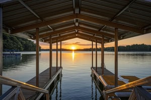 Private boat dock overlooking a serene lake at sunset, surrounded by lush greenery and peaceful waters—a perfect spot to unwind and soak in the natural beauty.