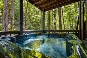 Sink into your private hot tub and let the peaceful forest surround you—pure relaxation awaits on your covered deck.