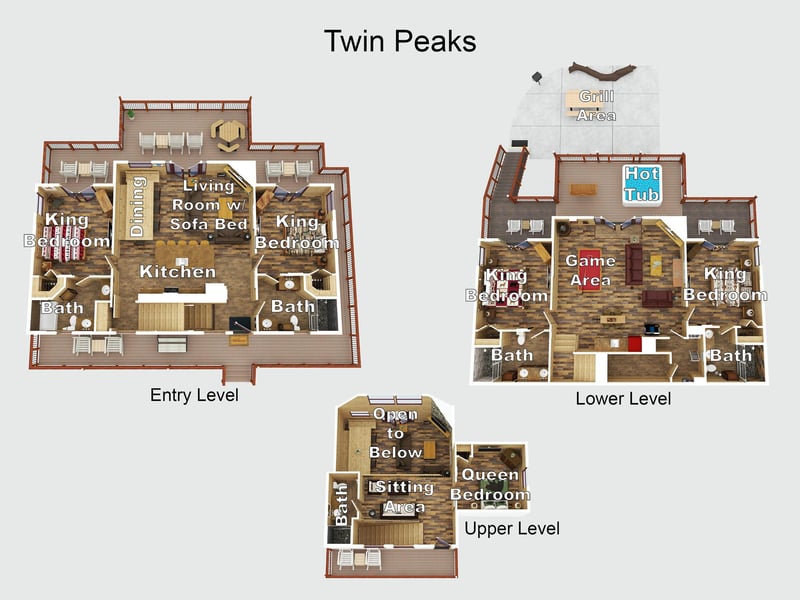 A detailed floor plan revealing spacious king bedrooms, multiple bathrooms, a full kitchen, game room, hot tub, and outdoor grill—everything you need for a memorable mountain getaway.