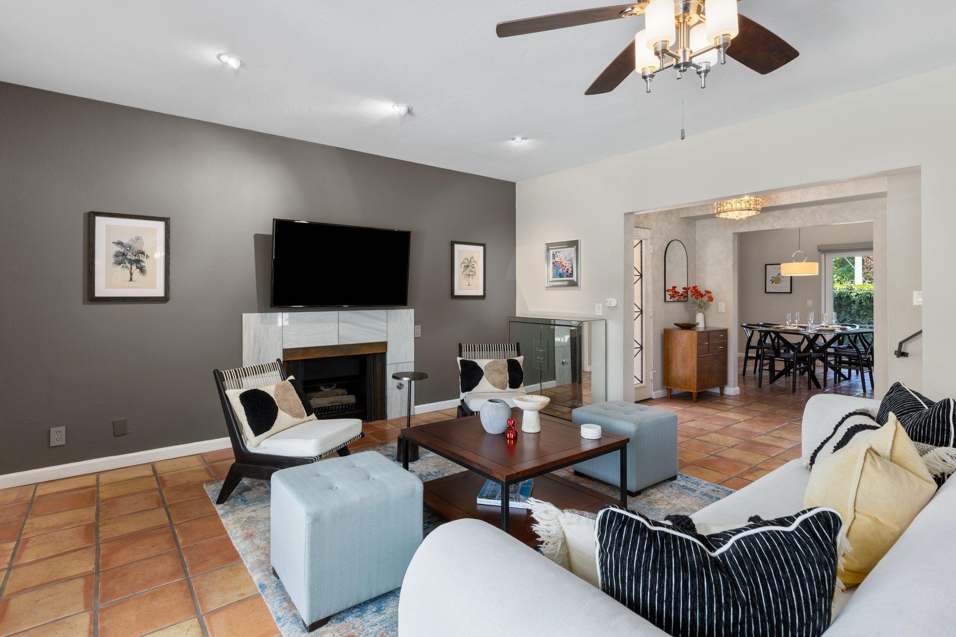 Additional view of fireplace and TV.