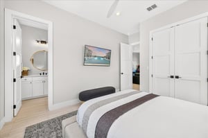 Conveniently located just off the game lounge, this inviting firstfloor queen bedroom offers easy access to the fun while providing a comfortable retreat to unwind and recharge.