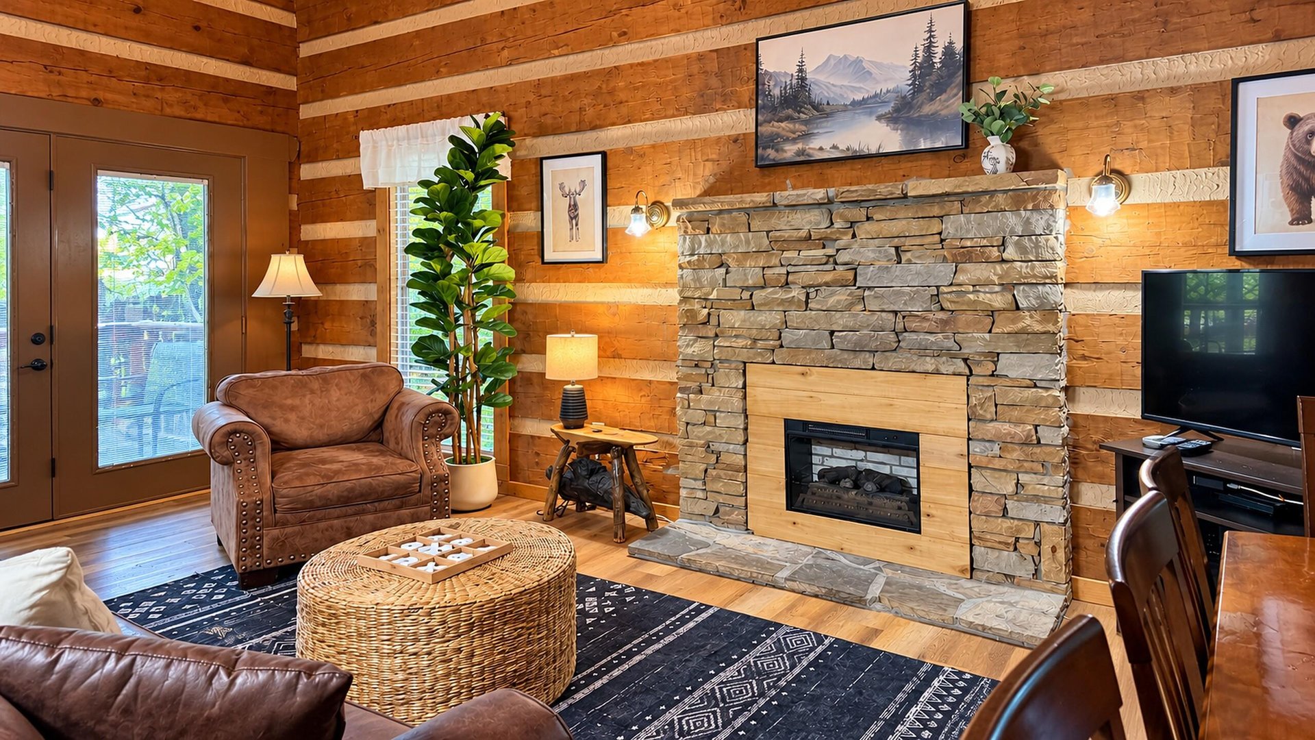 Settle in by the stone fireplace after a day outdoors. Warm wood tones, cozy seating, and natural light make this space feel like a true mountain retreat.