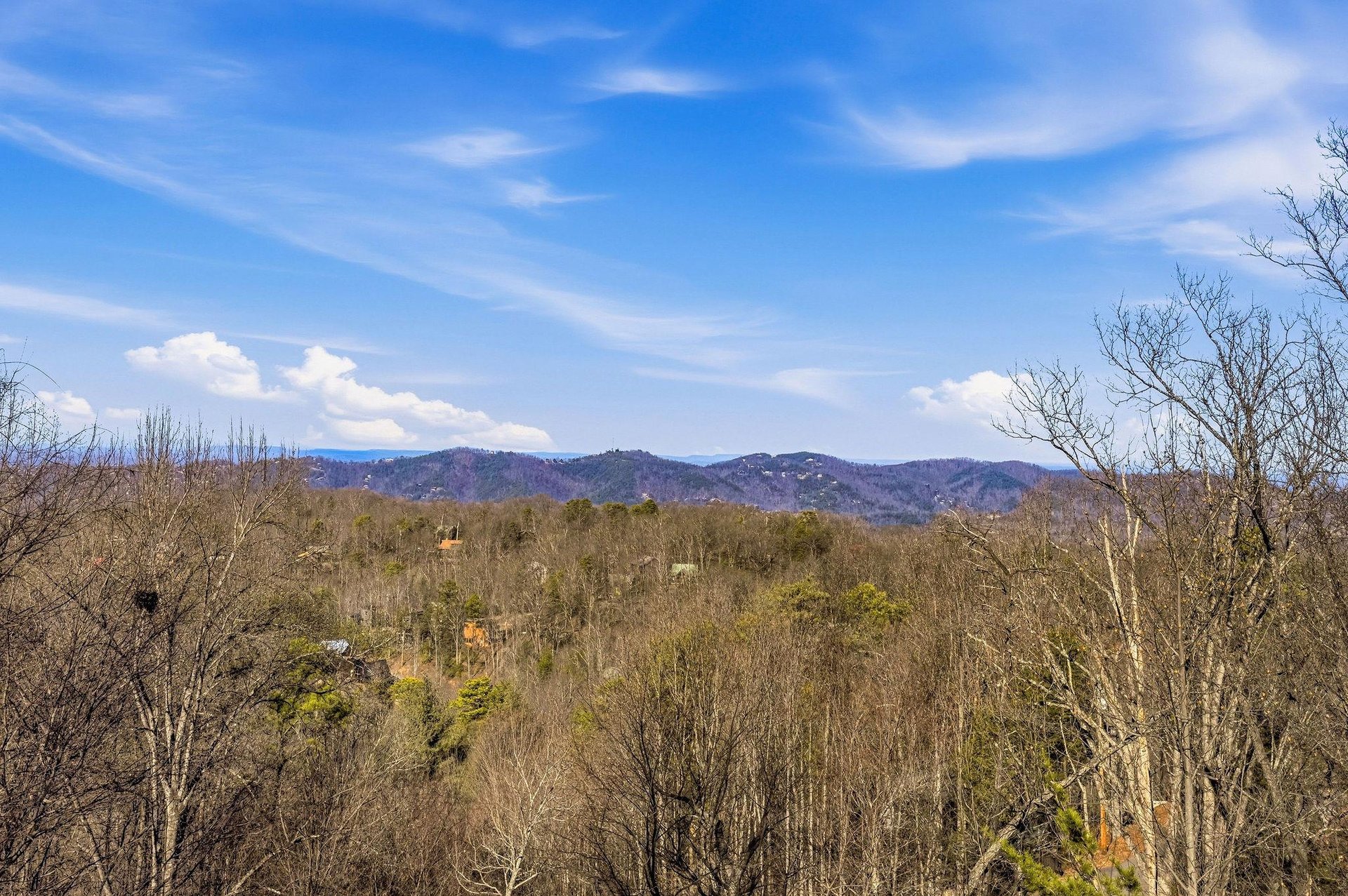 Scenic mountain vista stretches across the horizon beyond forested hills under a brilliant blue sky.