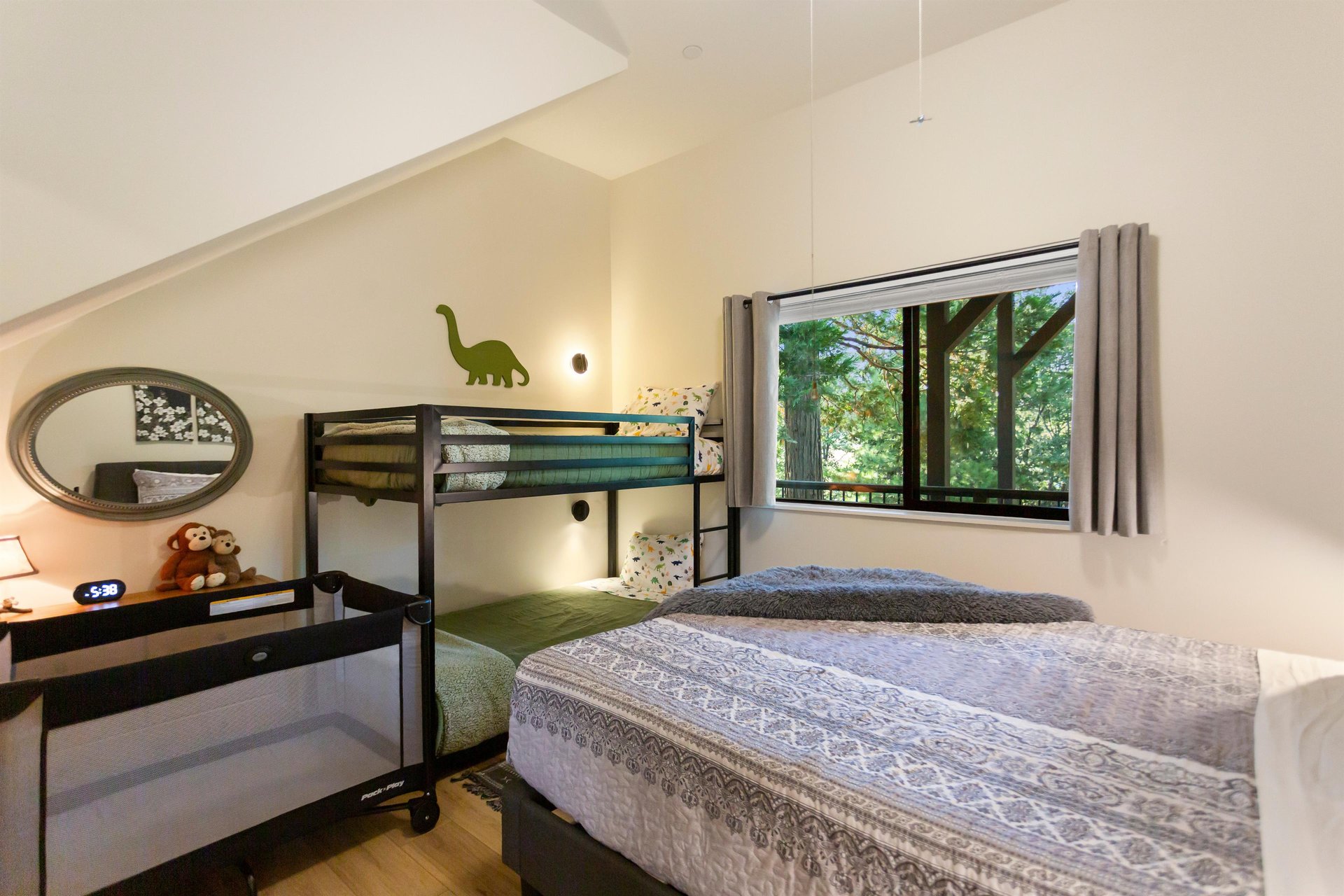 3 beds perfect for a close group. Guest enjoy individual lights for each bunk. A packnplay is also available.