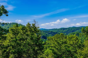 Rolling mountain ridges stretch across the horizon, blanketed in lush forest beneath a vibrant blue sky. The surrounding area offers natural beauty and peaceful scenery.