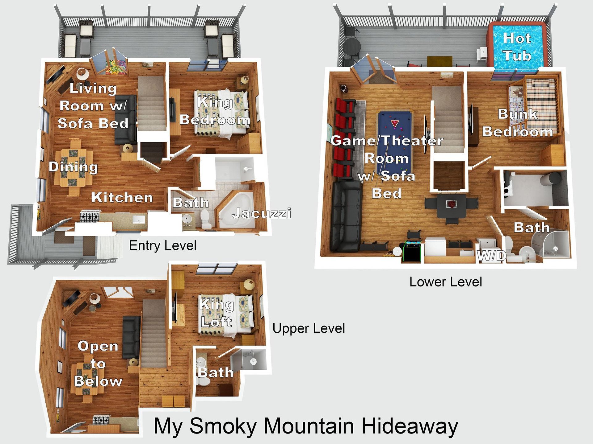 This detailed floor plan showcases three inviting levels with spacious bedrooms, modern bathrooms, a hot tub, game room, and open living areas—everything you need for your mountain retreat.