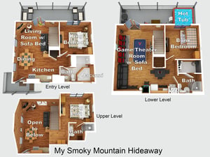 This detailed floor plan showcases three inviting levels with spacious bedrooms, modern bathrooms, a hot tub, game room, and open living areas—everything you need for your mountain retreat.