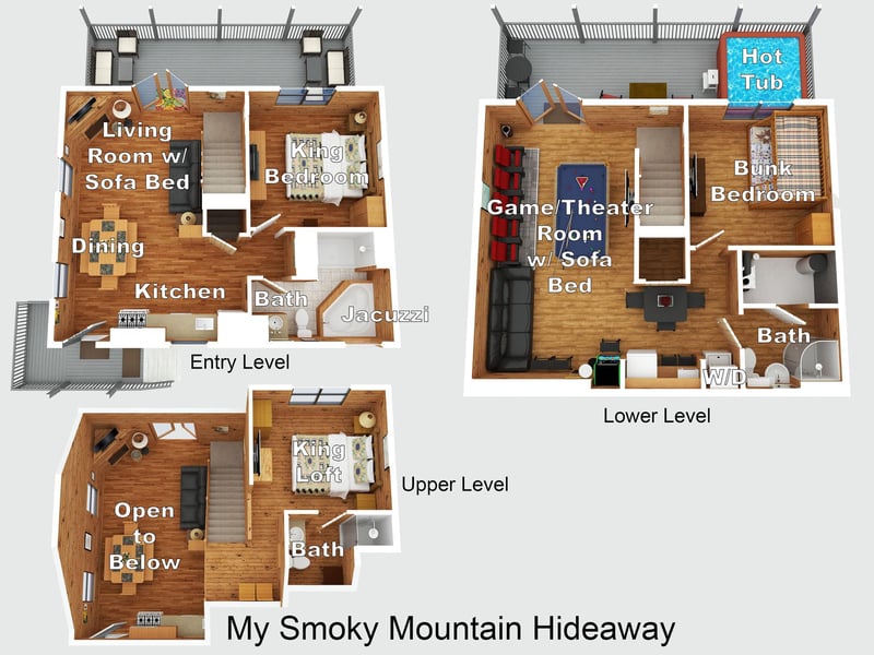 This detailed floor plan showcases three inviting levels with spacious bedrooms, modern bathrooms, a hot tub, game room, and open living areas—everything you need for your mountain retreat.