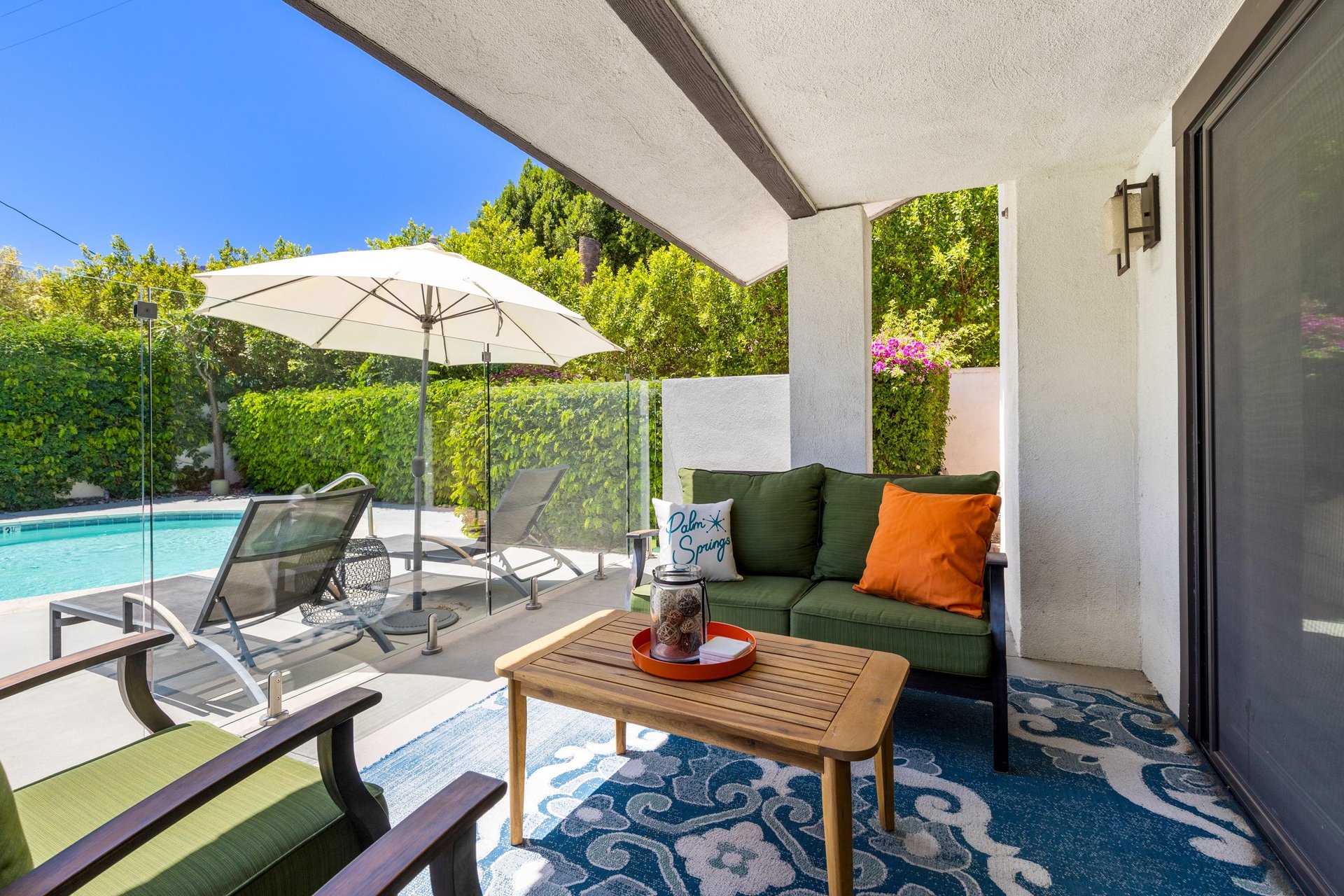 Located just off of the living room with views of the shared pool and spa.
