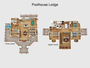 Poolhouse Lodge floor plan displaying two spacious levels with multiple bedrooms, bathrooms, a game area, hot tub, and open living spaces ideal for families or groups.