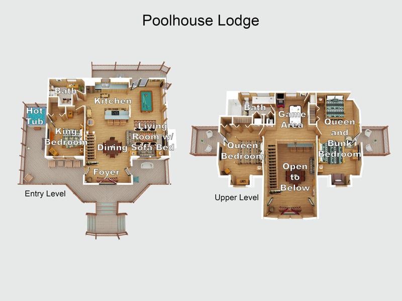 Poolhouse Lodge floor plan displaying two spacious levels with multiple bedrooms, bathrooms, a game area, hot tub, and open living spaces ideal for families or groups.