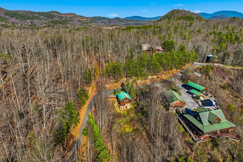 Aerial view captures mountain property nestled among forested hills with distinctive green rooftops and winding access road.
