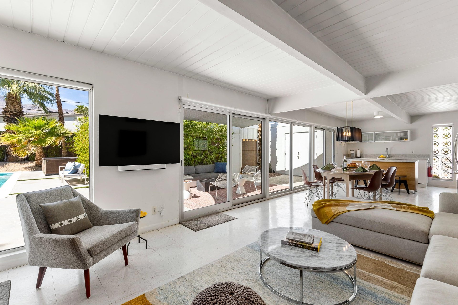 Free flowing living room, dining and kitchen
