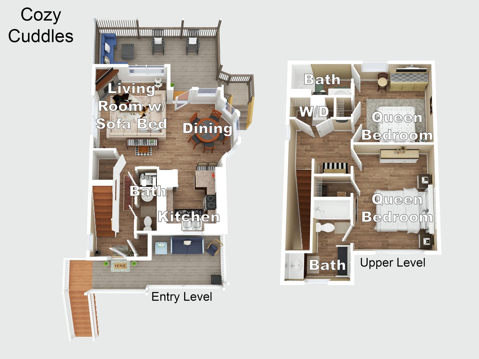 This twostory floor plan shows a thoughtfully designed layout with an openconcept living space, full kitchen, dining area, and three bedrooms with ensuite baths, plus a washer and dryer for your co