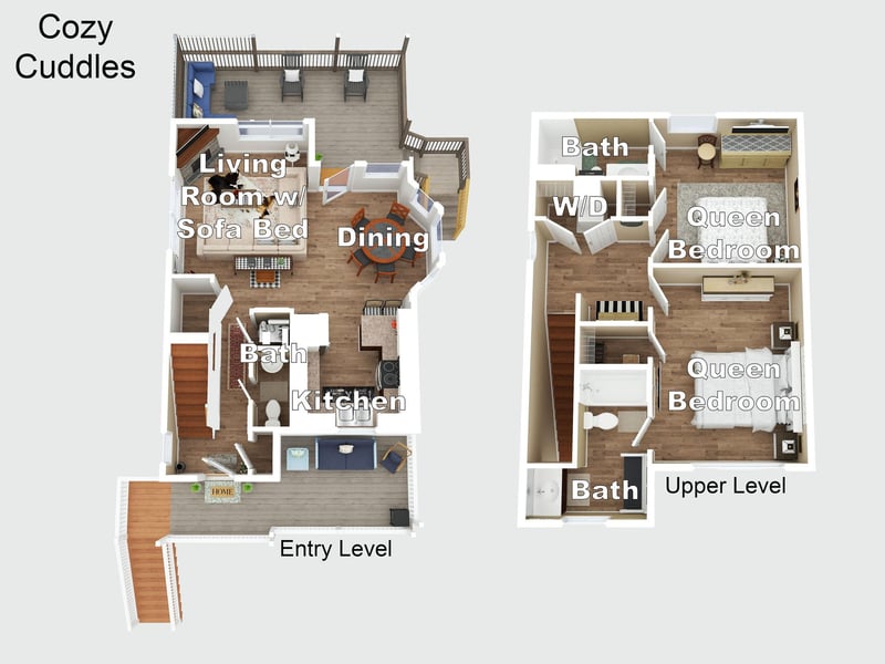 This twostory floor plan shows a thoughtfully designed layout with an openconcept living space, full kitchen, dining area, and three bedrooms with ensuite baths, plus a washer and dryer for your co