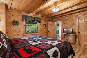 Cozy log cabin bedroom with rustic charm, warm wood beams, and naturethemed quilted bedding for peaceful mountain retreat nights.