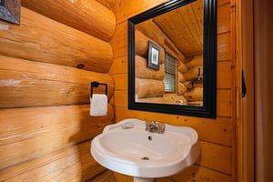 Step into this cozy bathroom where warm log walls and rustic touches create a charming mountain retreat. The pedestal sink and thoughtful details make freshening up feel like part of your cabin getawa