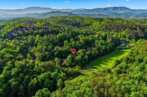 Aerial view showcases the propertys location within a lush mountain landscape, nestled among rolling hills and verdant forests.