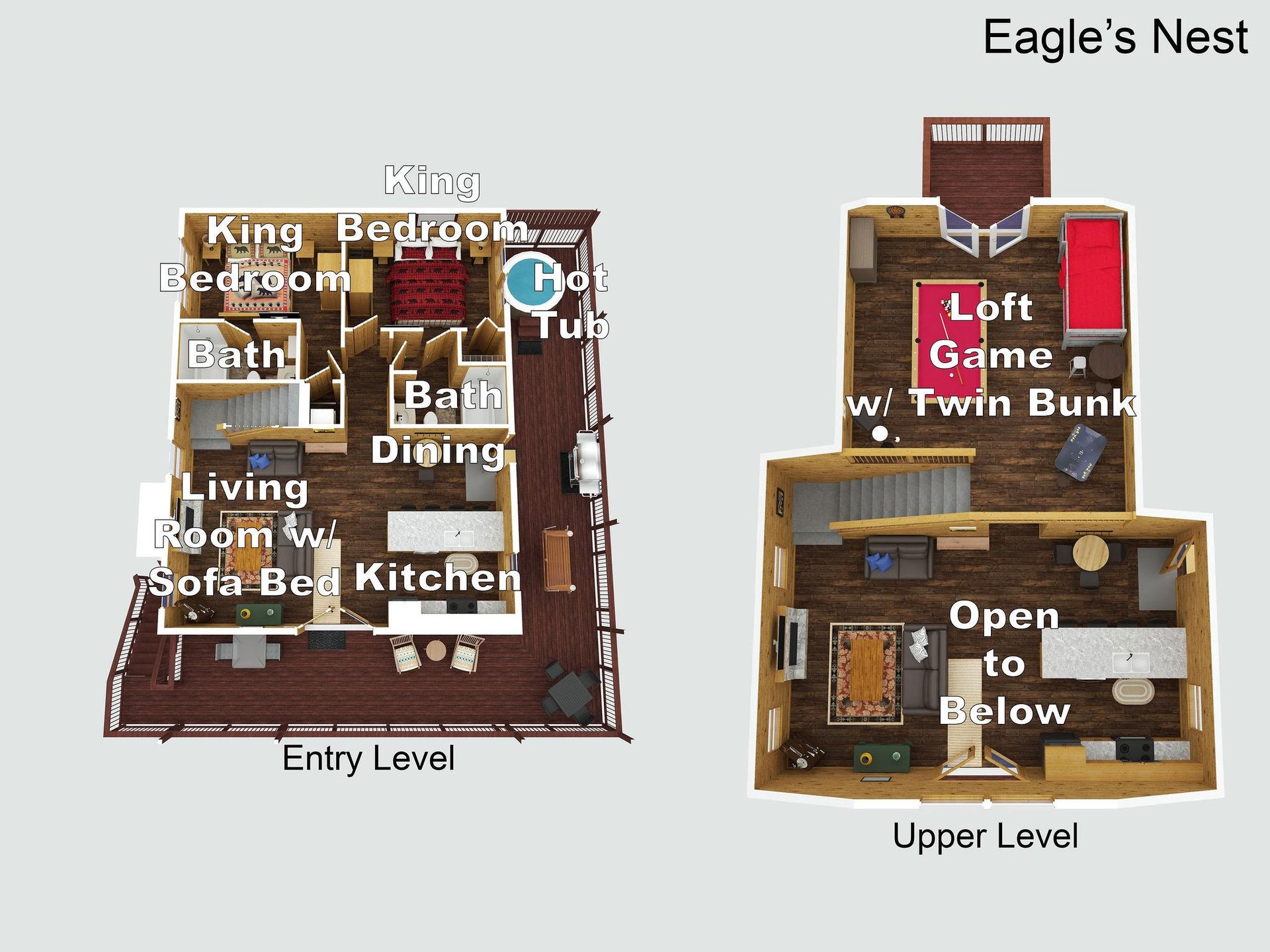 Eagles Nest floor plan shows spacious twolevel layout with king bedrooms, game loft with twin bunks, and hot tub for your mountain getaway.