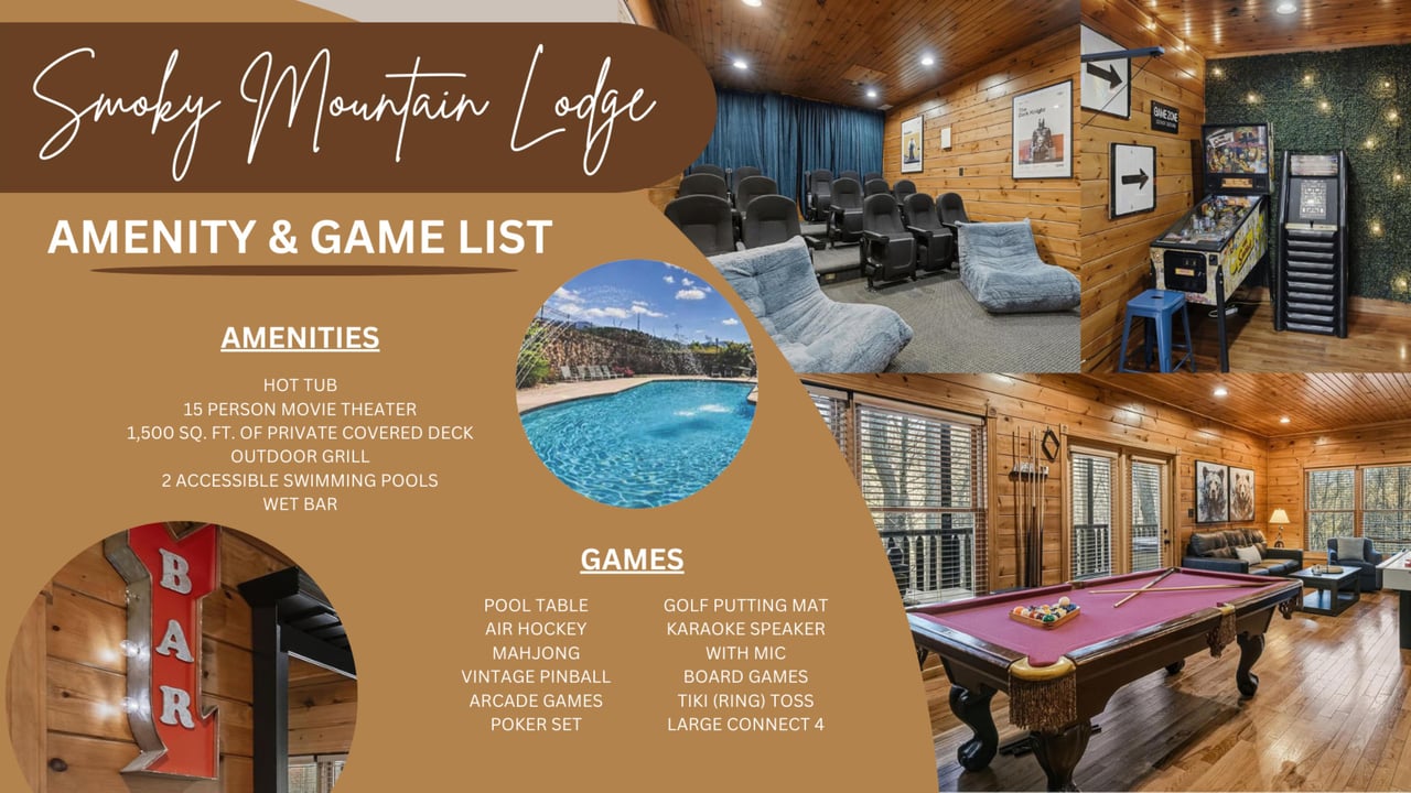Your private entertainment haven features a movie theater, arcade games, and pool table for endless fun.