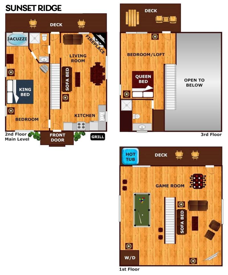 Review the spacious layout featuring three levels with king and queen beds, full kitchen, game room with pool table, hot tub, and multiple decks for your mountain escape.
