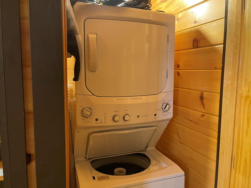 Your cabin stay includes convenient inunit laundry with a stacked washer and dryer—perfect for longer stays or freshening up after outdoor adventures.