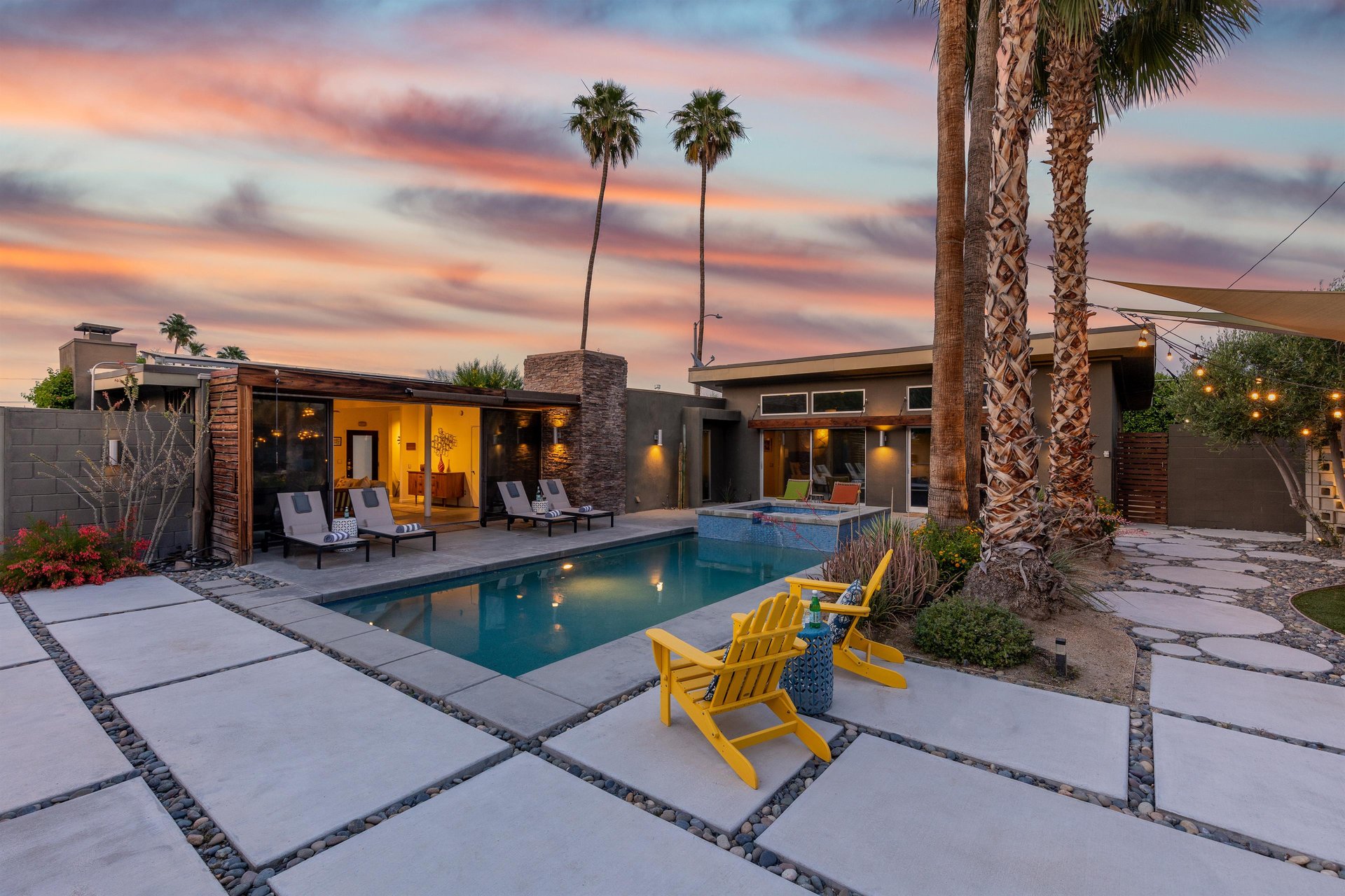 Radiant pool surrounded with multiple seating areas