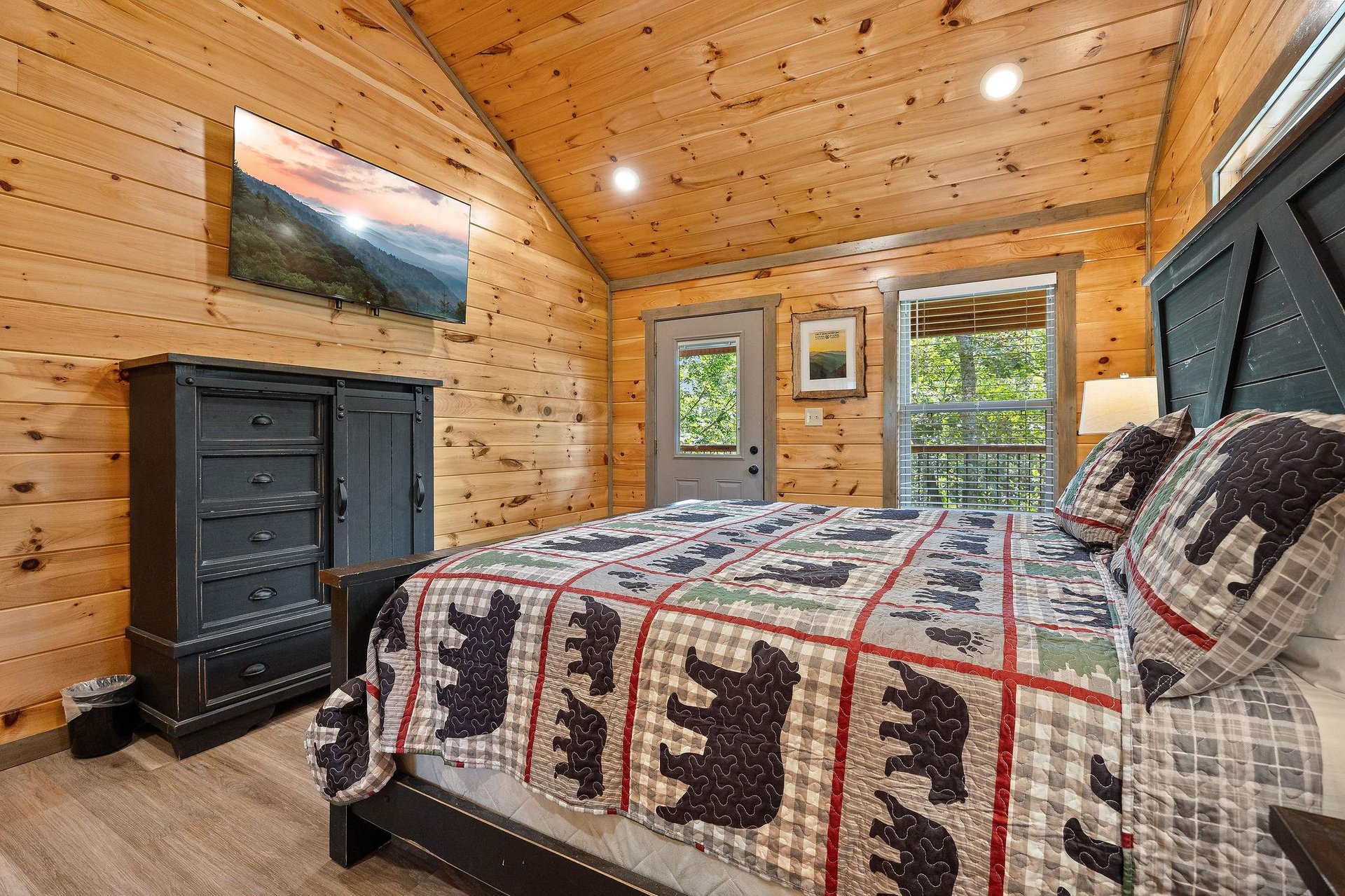 king bed, dresser, TV with natural lighting and balcony access