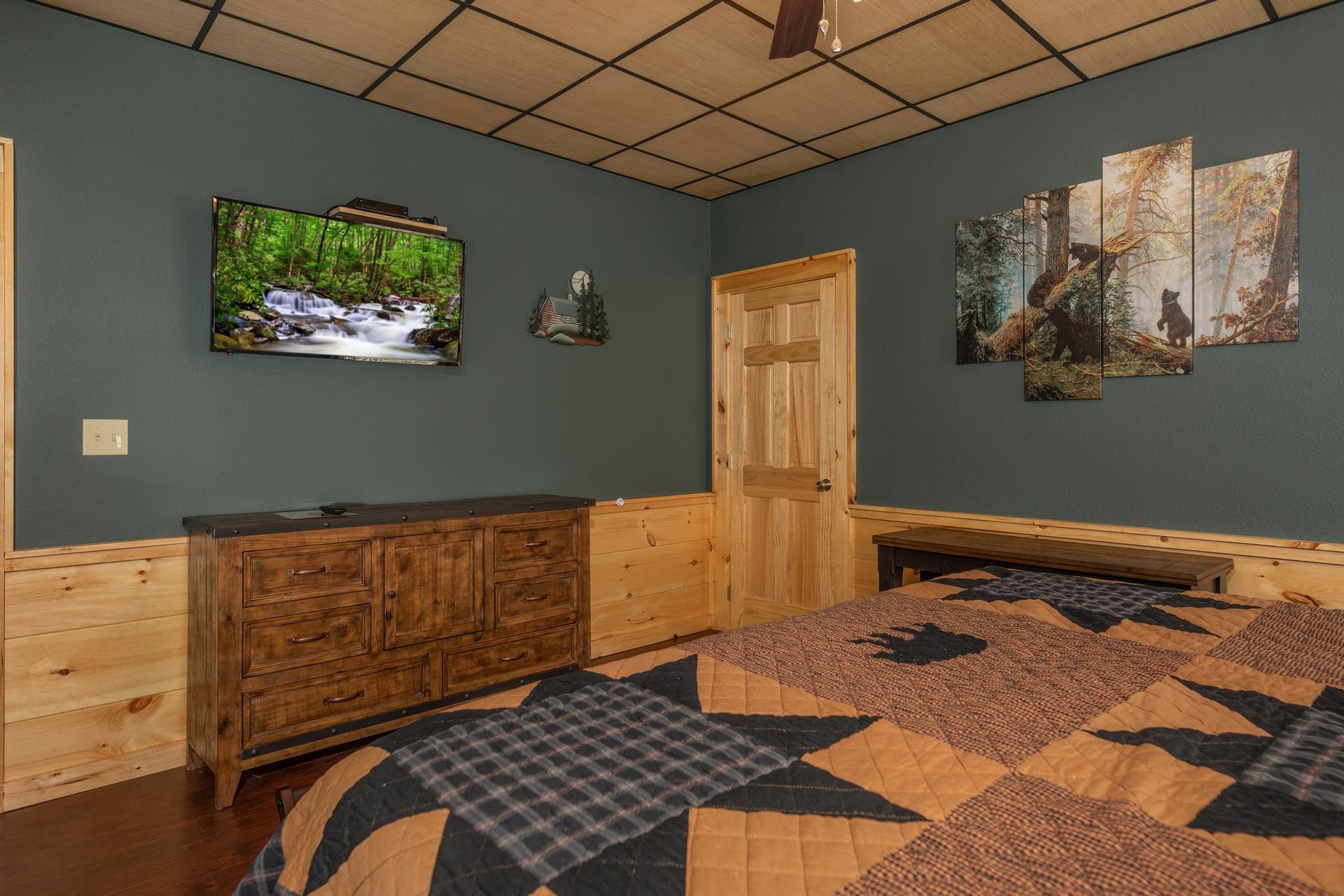King bed facing dresser and tv