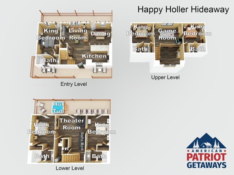 Detailed floor plan shows your spacious vacation home layout across three levels with bedrooms, game room, and theater space.
