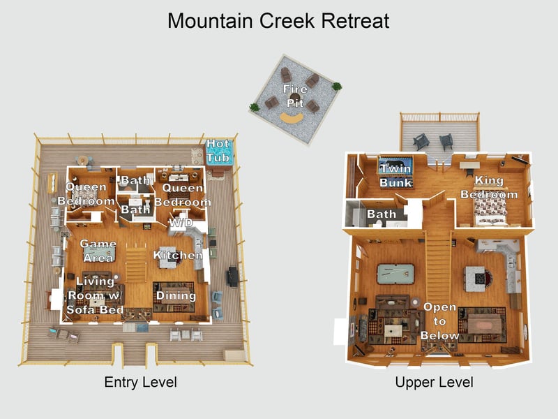 Mountain Creek Retreat features two floors with room for everyone, plus a hot tub, fire pit, and game area to keep your group entertained.
