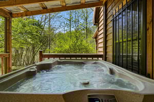 Soak in your private hot tub while surrounded by lush forest views from your covered deck retreat.