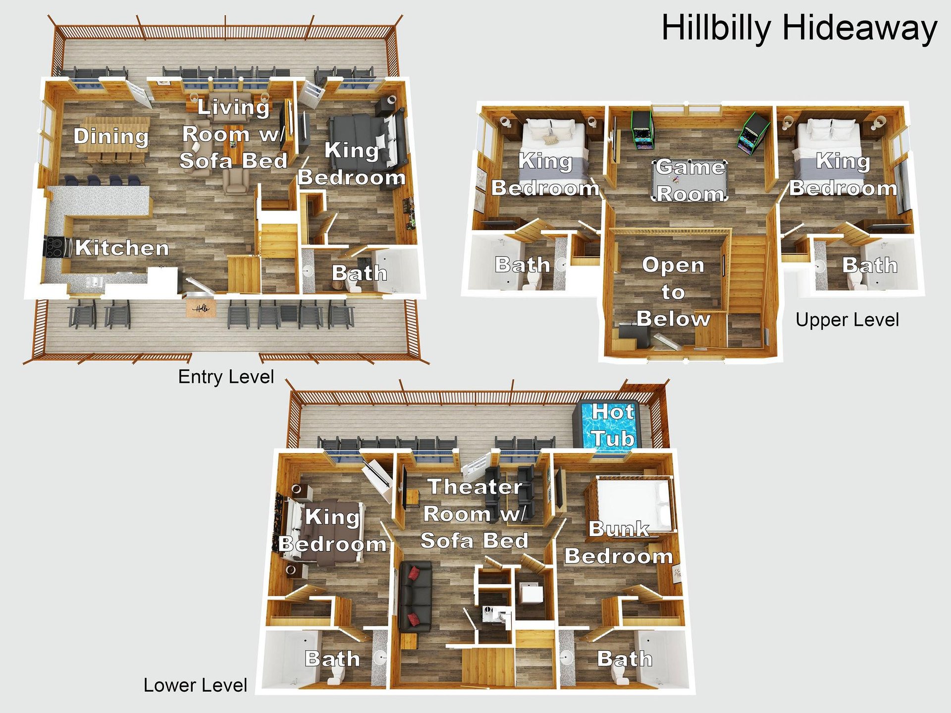 Detailed floor plan of this threelevel hillside retreat featuring five bedrooms, five baths, a game room, theater room, hot tub, and multiple living spaces for your mountain getaway.