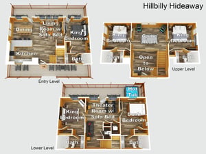 Detailed floor plan of this threelevel hillside retreat featuring five bedrooms, five baths, a game room, theater room, hot tub, and multiple living spaces for your mountain getaway.
