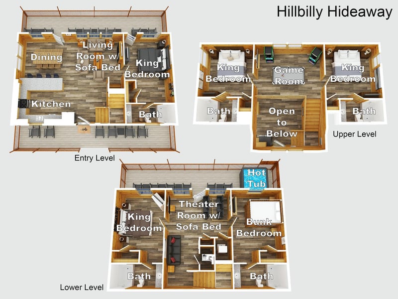 Detailed floor plan of this threelevel hillside retreat featuring five bedrooms, five baths, a game room, theater room, hot tub, and multiple living spaces for your mountain getaway.