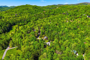 Aerial view showcasing rolling forested mountains and scattered properties nestled throughout the lush landscape.