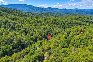 Aerial view showcasing the property nestled among dense forest, with the Blue Ridge Mountains rising majestically in the background under a bright, clouddappled sky.