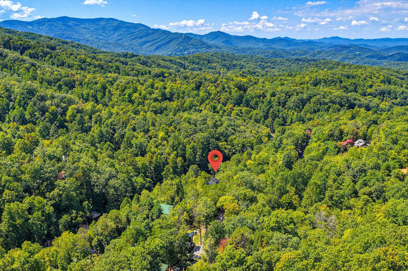 Aerial view showcasing the property nestled among dense forest, with the Blue Ridge Mountains rising majestically in the background under a bright, clouddappled sky.