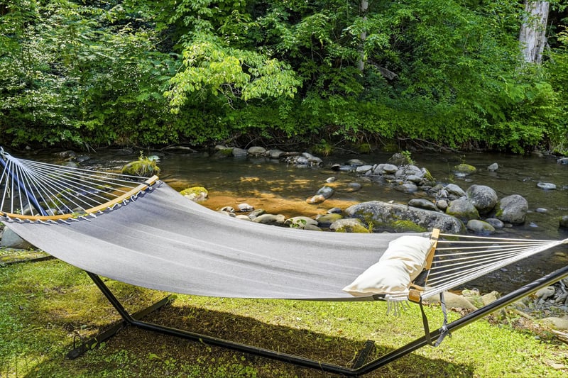 Picture yourself swaying gently in this hammock as the river babbles by, sunlight filtering through lush greenery, inviting you to unwind completely.