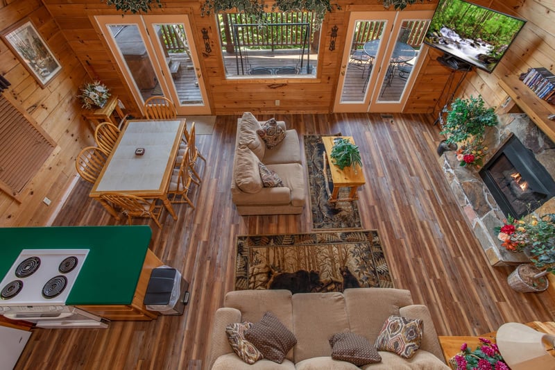 overhead living room view at angels majestic view a 3 bedroom cabin rental located in pigeon forge