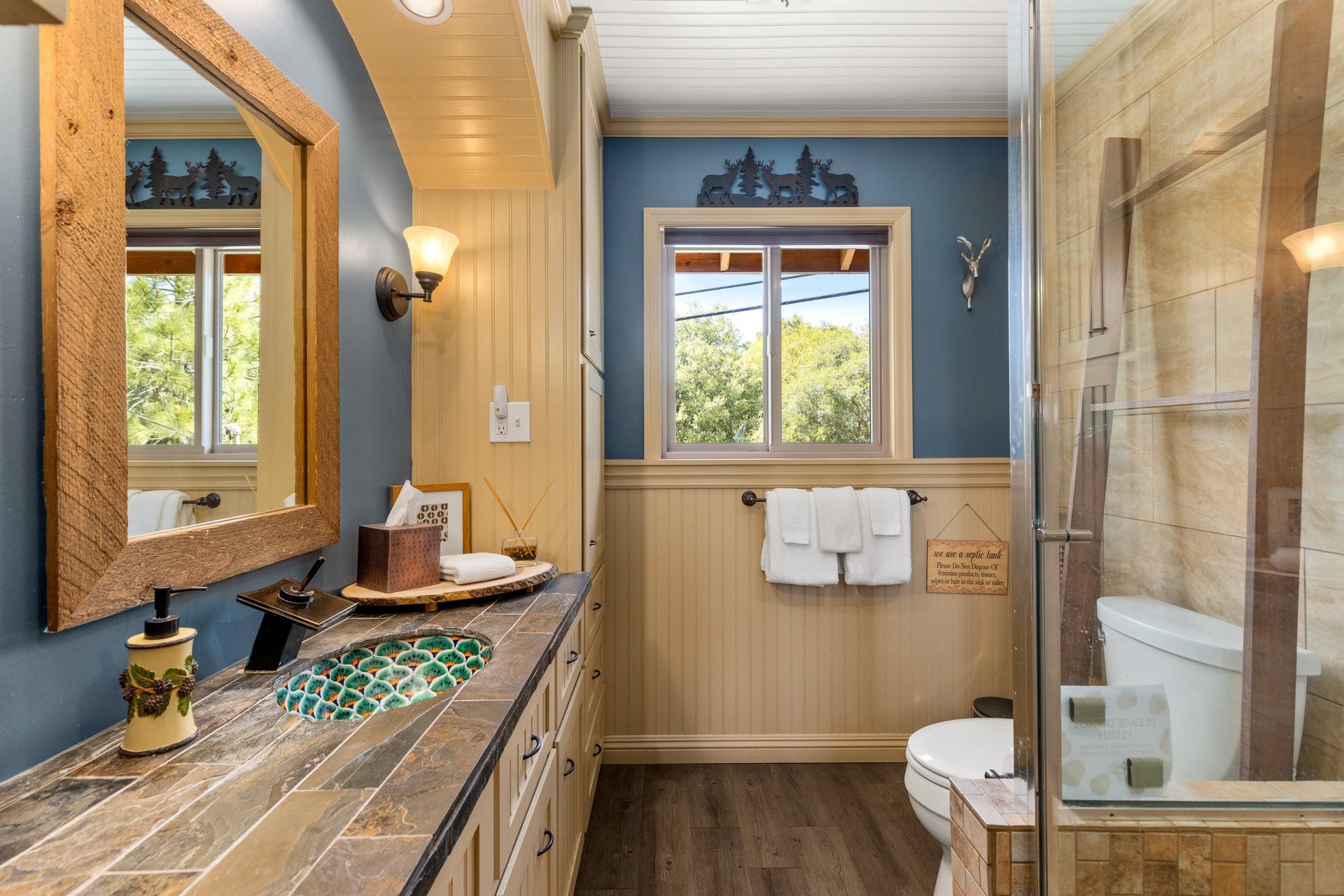 Upstairs bathroom with builtin heater and large shower