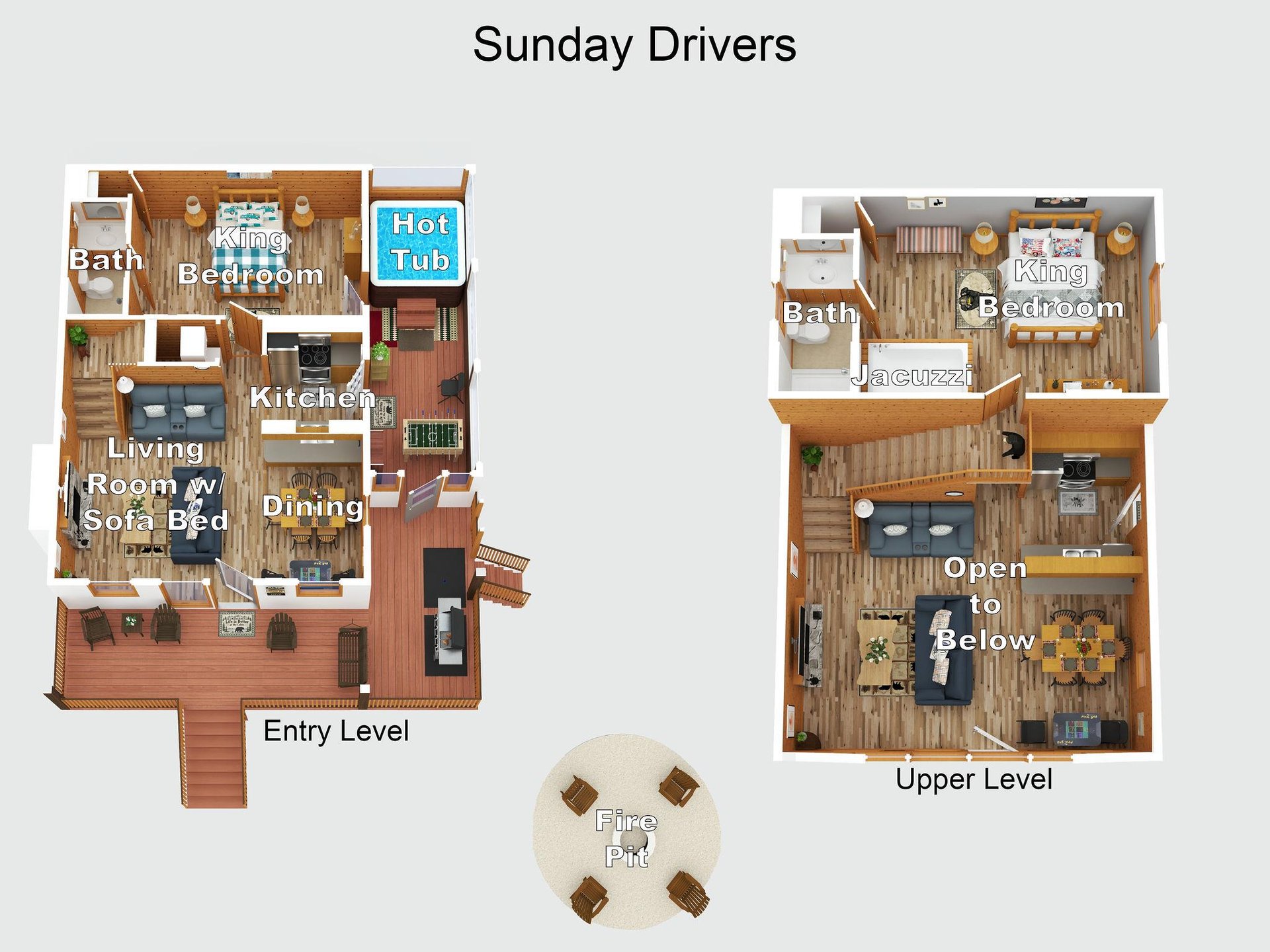 Floor plan of the property showing the layout of both entry and upper levels, including bedrooms, bathrooms, kitchen, living areas, hot tub, jacuzzi, and outdoor fire pit.