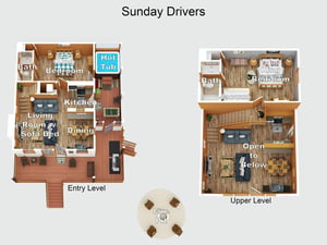 Floor plan of the property showing the layout of both entry and upper levels, including bedrooms, bathrooms, kitchen, living areas, hot tub, jacuzzi, and outdoor fire pit.