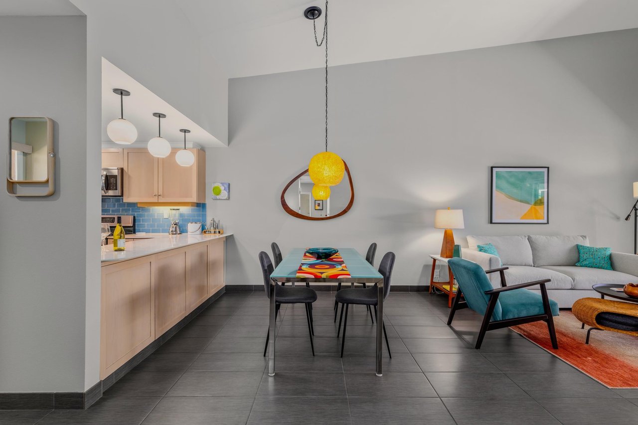 Dining area includes table and chairs for 6 guests.