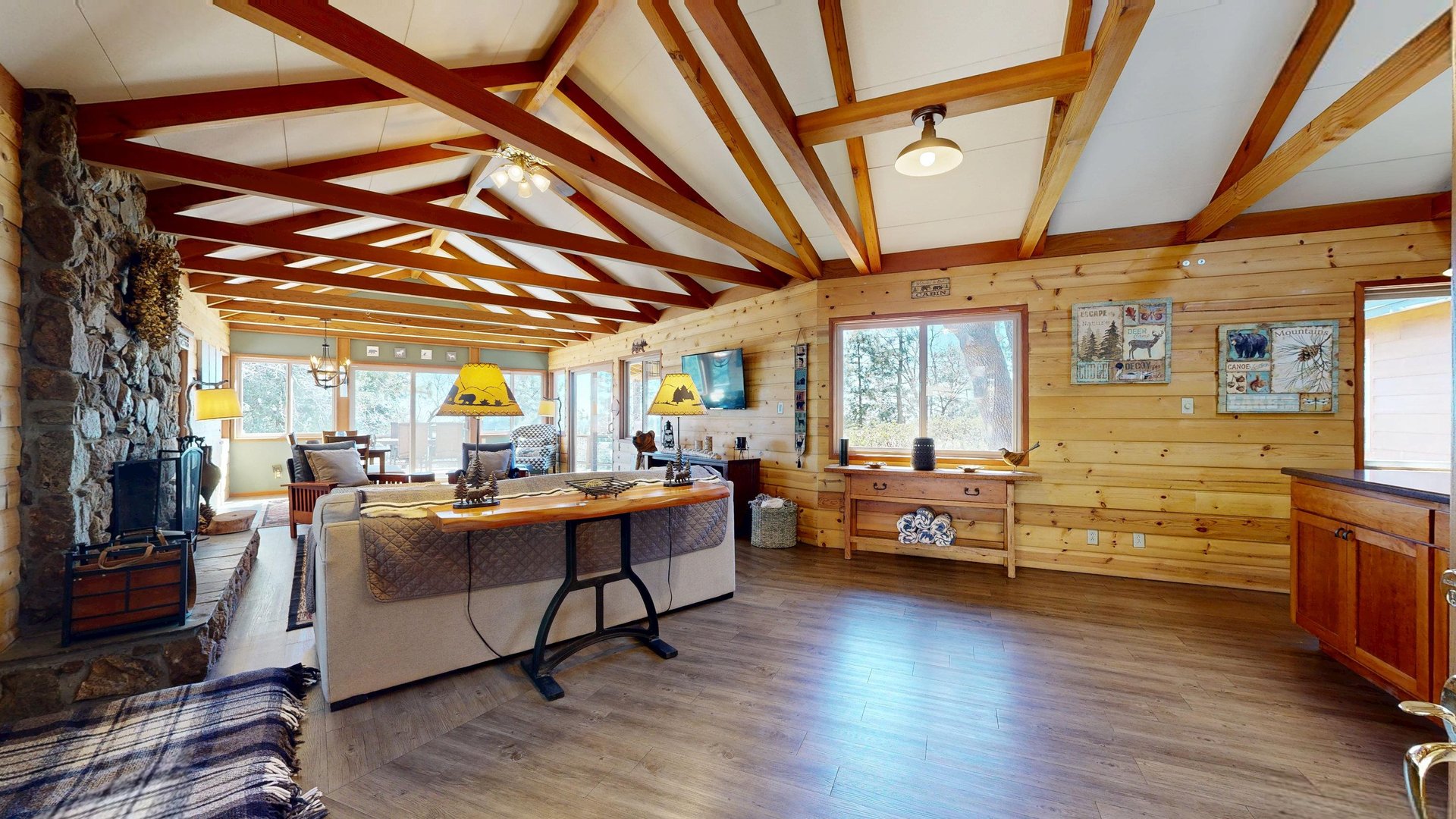 Open floor plan, vaulted ceilings and expansive windows.