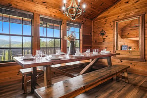 Gather around this handcrafted wooden table for family meals beneath the rustic chandelier, while the mountain view through the windows makes every bite more memorable.
