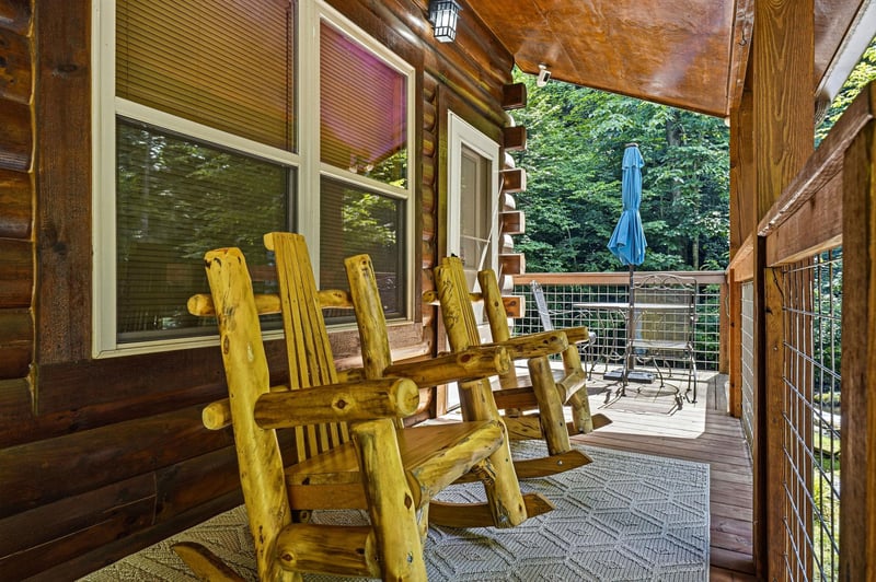 Picture yourself gently rocking in these handcrafted wooden chairs on your private covered deck, coffee in hand, surrounded by towering trees and fresh mountain air.